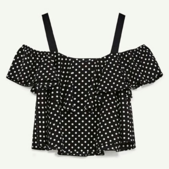 Zara Basic Women’s Black & White Polka Dot Off Shoulder Top - Size XS - Picture 2 of 5
